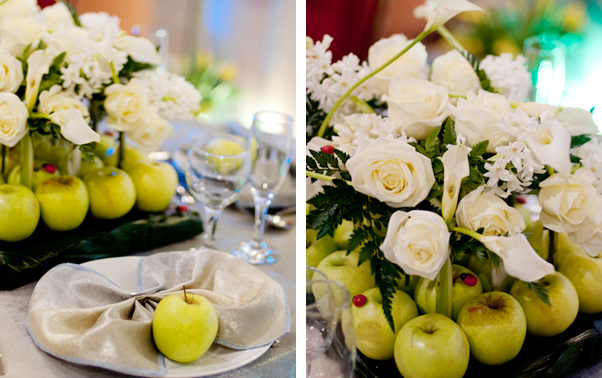 Aranjament de nunta cu mere verzi si trandafiri
