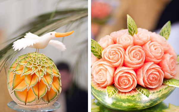 Sculpturi spectaculoase pentru bufetul de fructe la nunta
